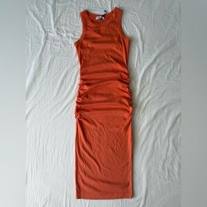 Michael Stars Wren Ruched Midi Dress Heatwave Orange Ultra Rib Size Small NWT